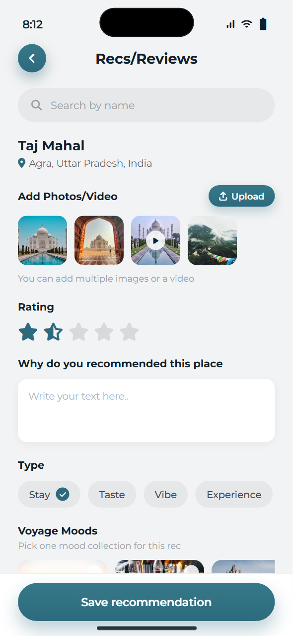 The app being used to write a recommendation for the Taj Mahal in Agra