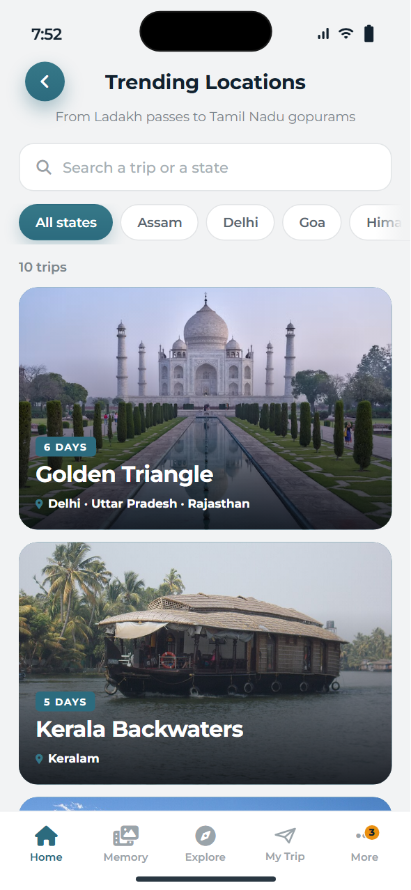 The app listing trending Indian trips with their length and states